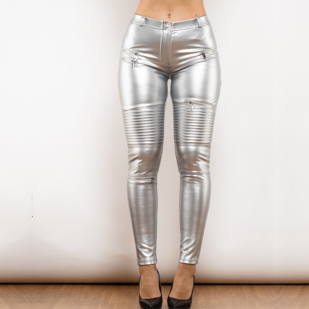 Silver PU Leather Slim Biker Pants