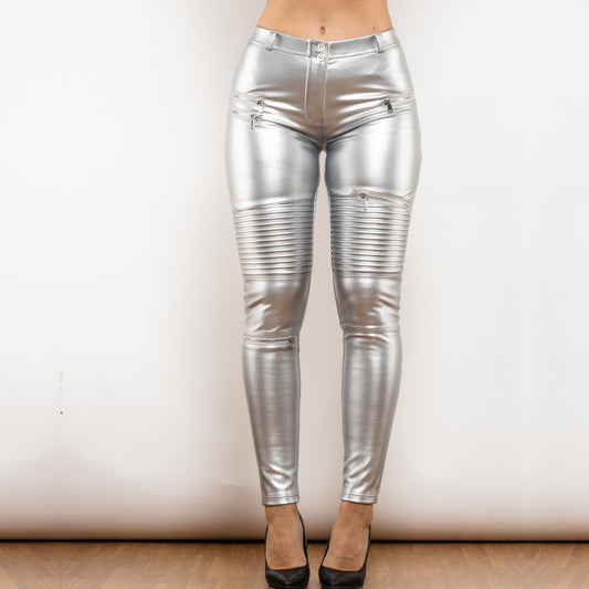 Silver PU Leather Slim Biker Pants