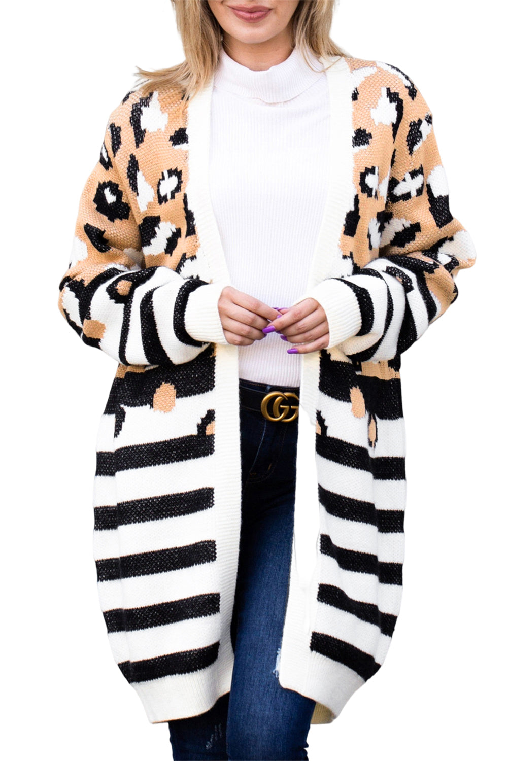 Brown Leopard Striped Mixed Print Cardigan