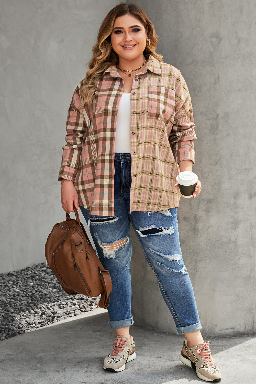 Plus Size Color Block Plaid Long Sleeve Shirt