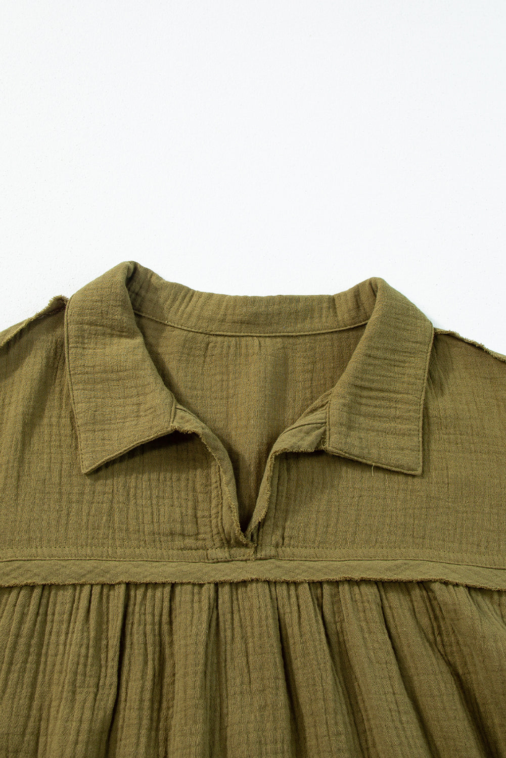 Green Frayed Trim Puff Sleeve Flared Dress