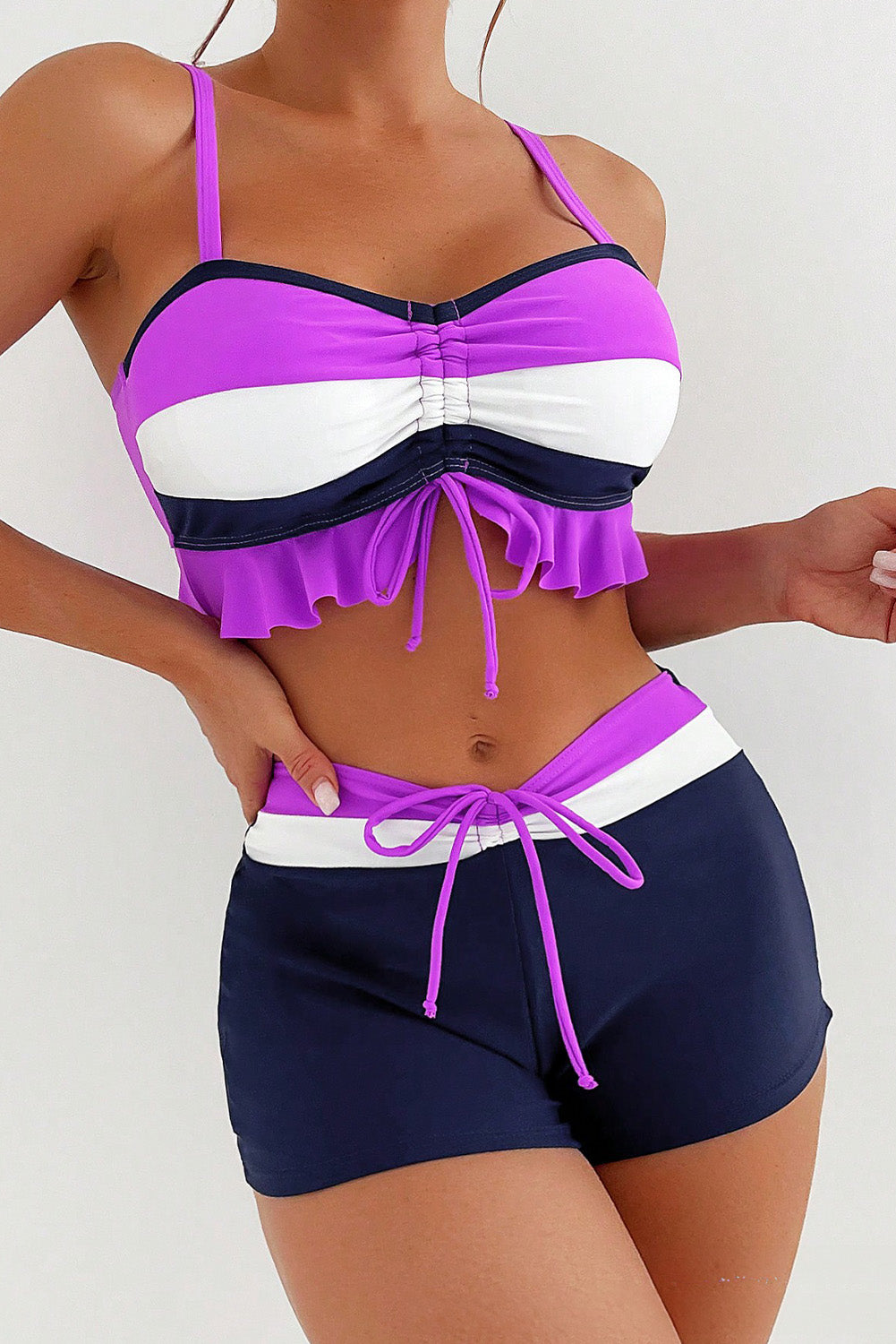 Dark Purple Colorblock Ruffleded Top Boy Shorts Bikini