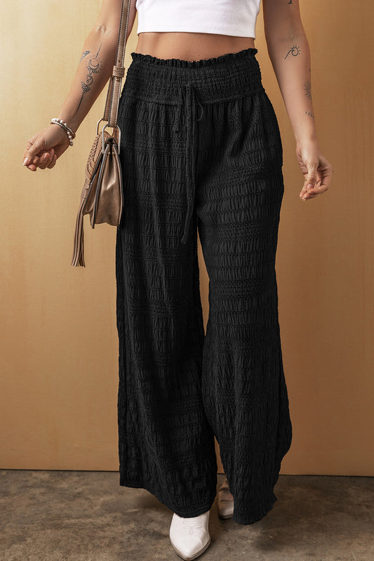 Black Textured Wide Waist Loose Pants