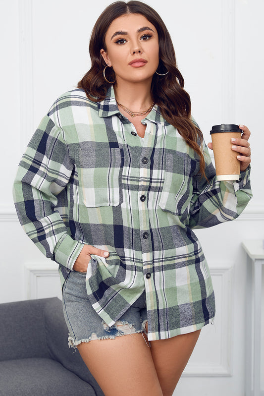 Green Printed Plus Size Chest Pocket Plaid Shirt