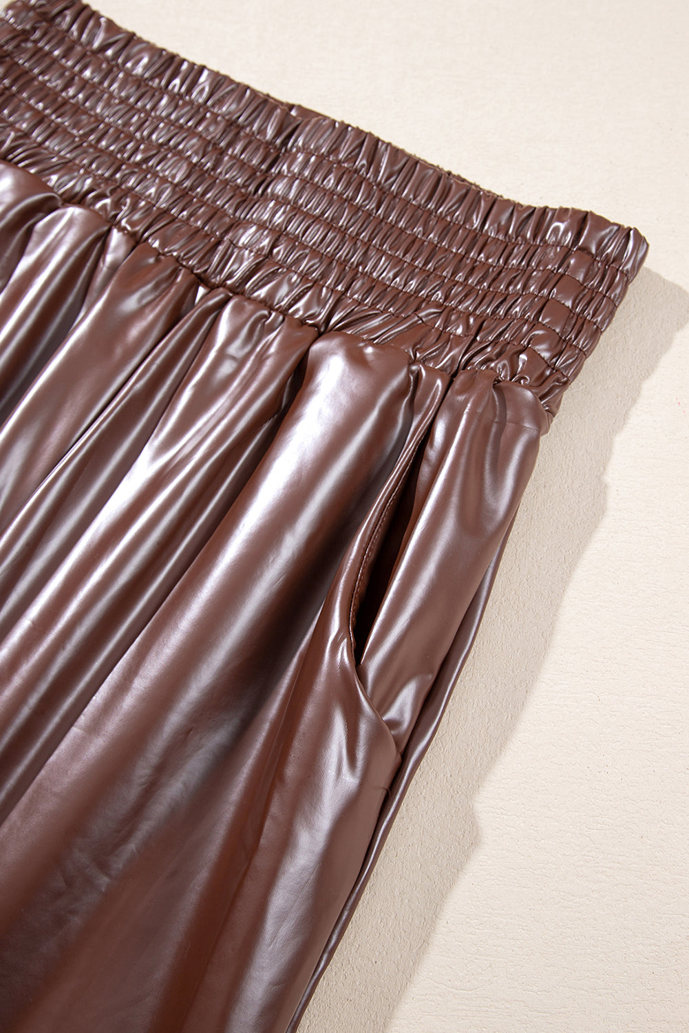 Brown Smocked High Waist Leather PU Skinny Pants