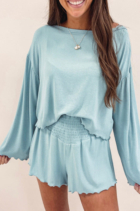 Sky Blue Long Sleeve Top & High Waisted Shorts Set