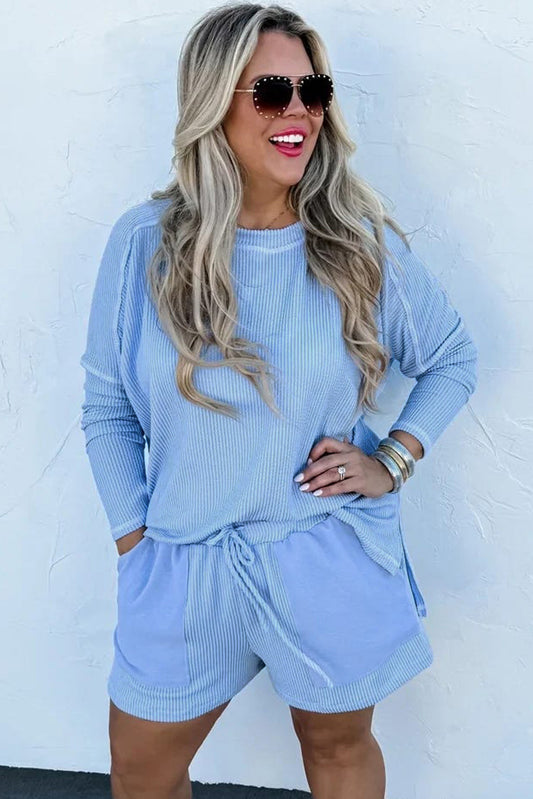 Light Blue Plus Size Long Sleeve Shorts Set