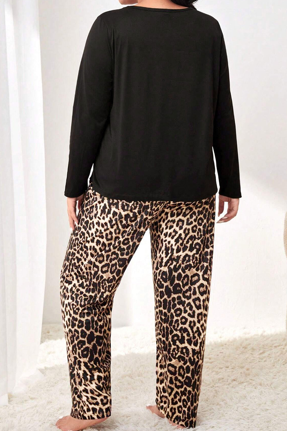 Leopard Patched Long Sleeve Plus Size Pajama Set