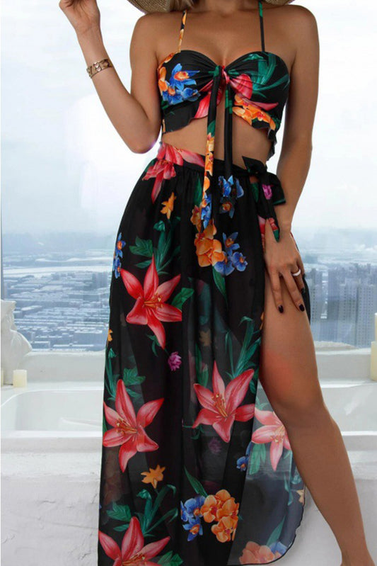 Black 3pcs Floral Bikini with Cover-up Swimsuit