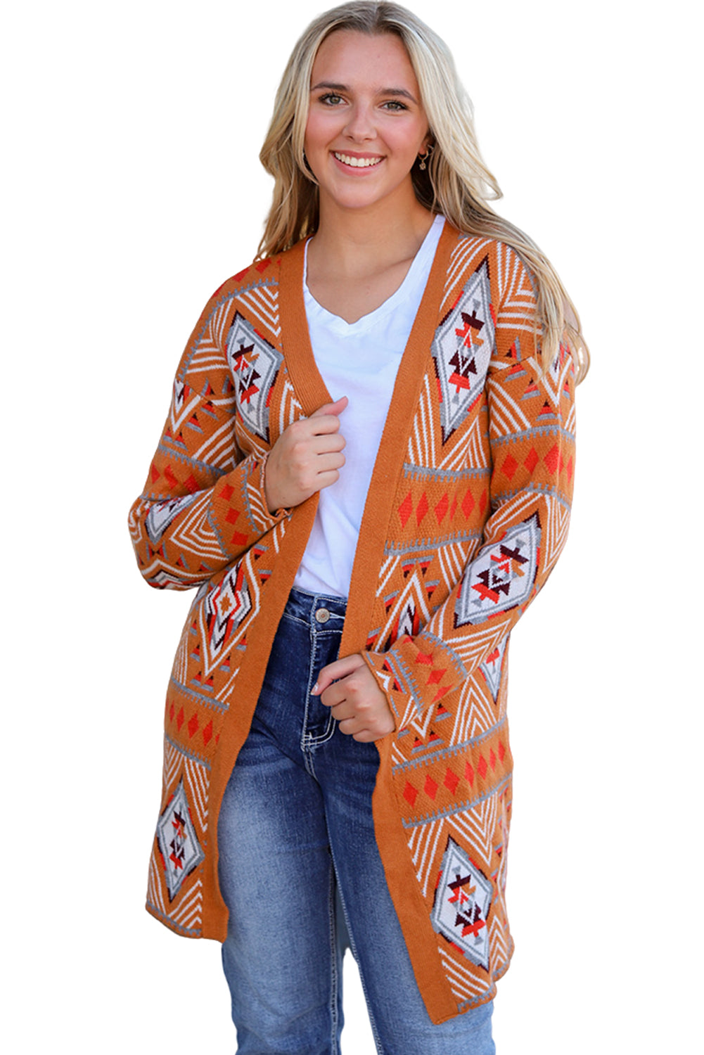 Brown Aztec Geometric Knit Cardigan