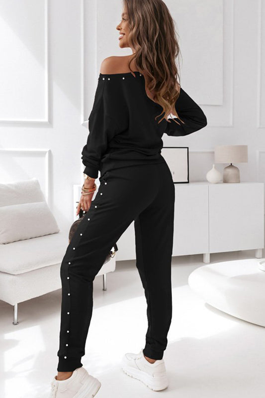 Black Beaded Decor Off Shoulder Jogger Pants Set