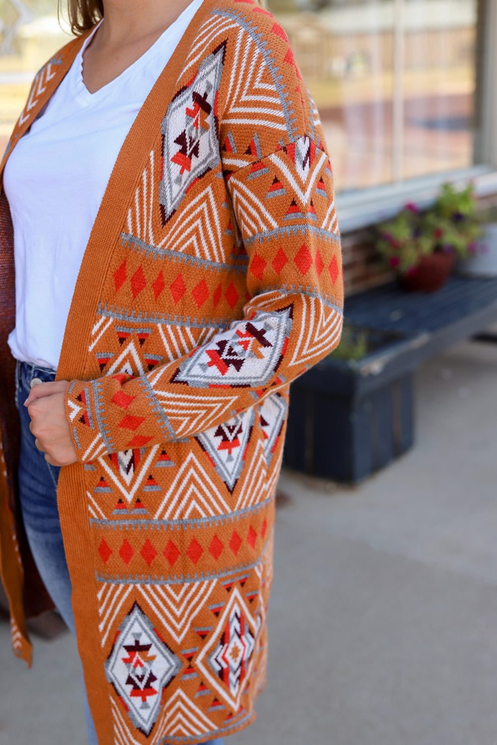 Brown Aztec Geometric Knit Cardigan