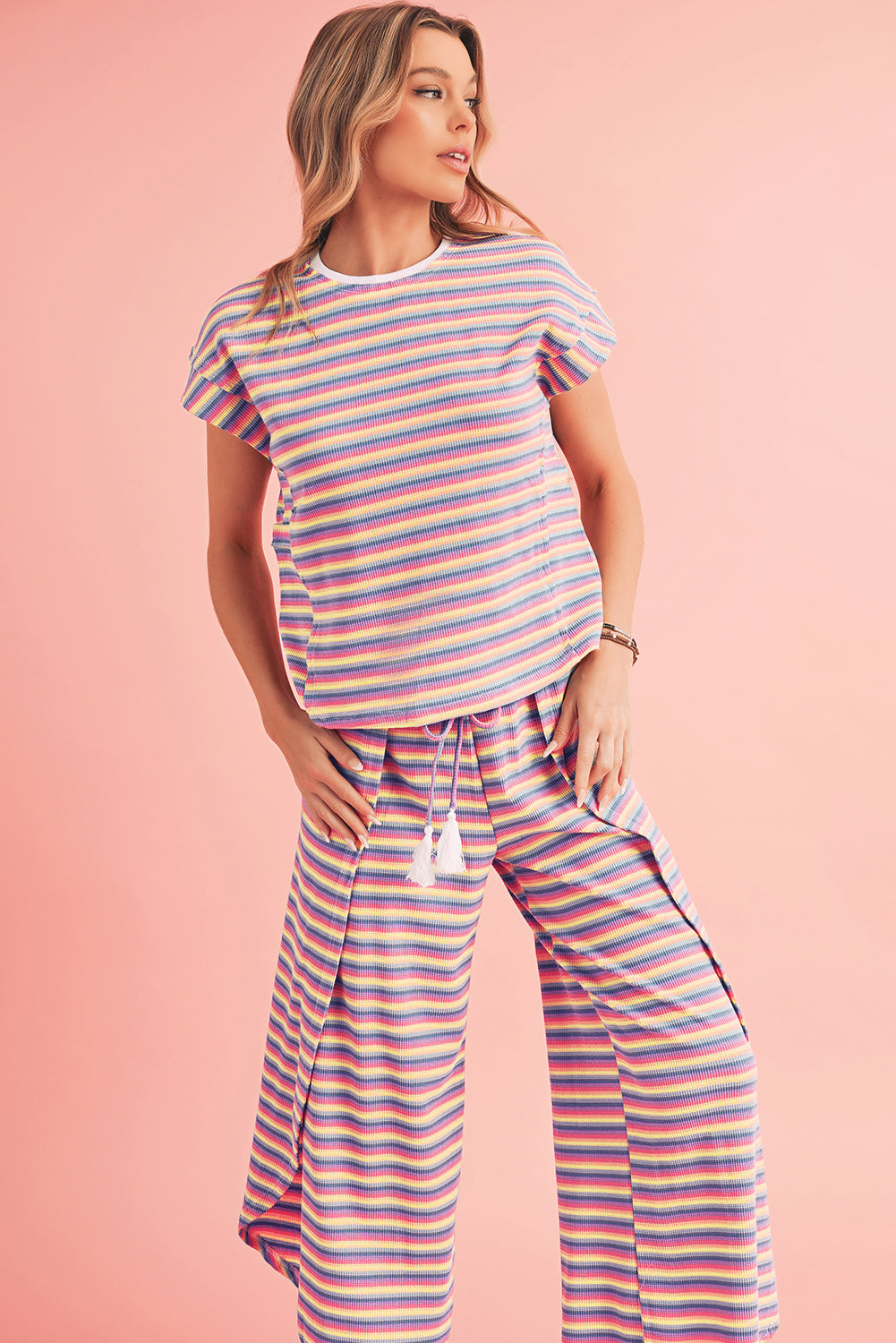 Striped Tassel Tee & Wide Leg Pants Set