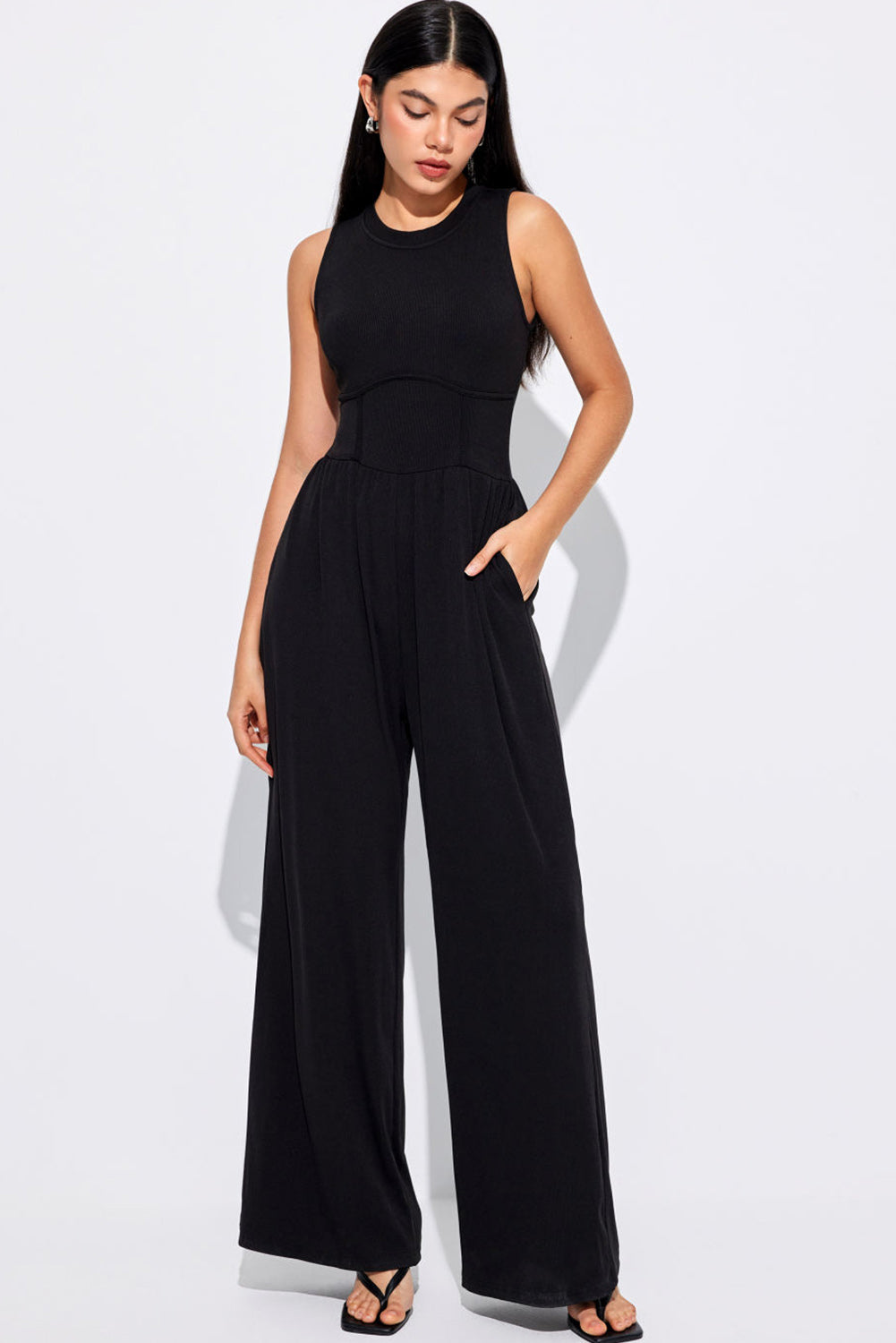 Grey Cinched Waist Sleeveless Wide Leg Jumpsuit