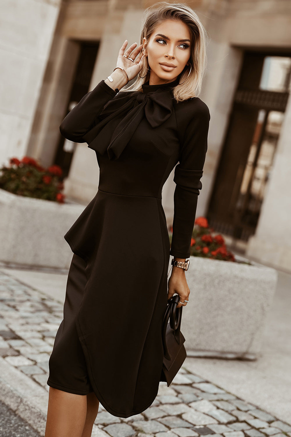 Modest Asymmetric Peplum Style Bow Dress