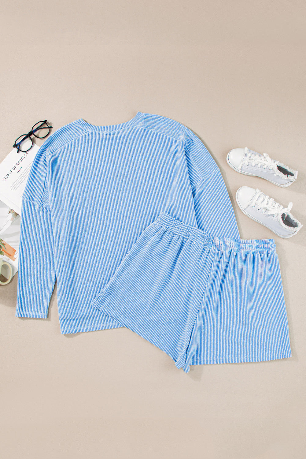 Light Blue Plus Size Long Sleeve Shorts Set