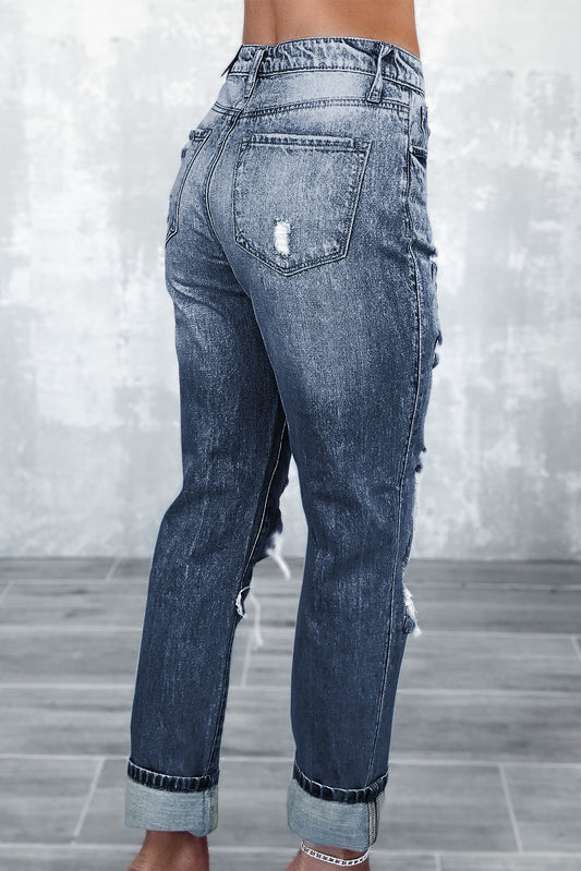 Blue Light Wash Frayed Slim Fit High Waist Jeans