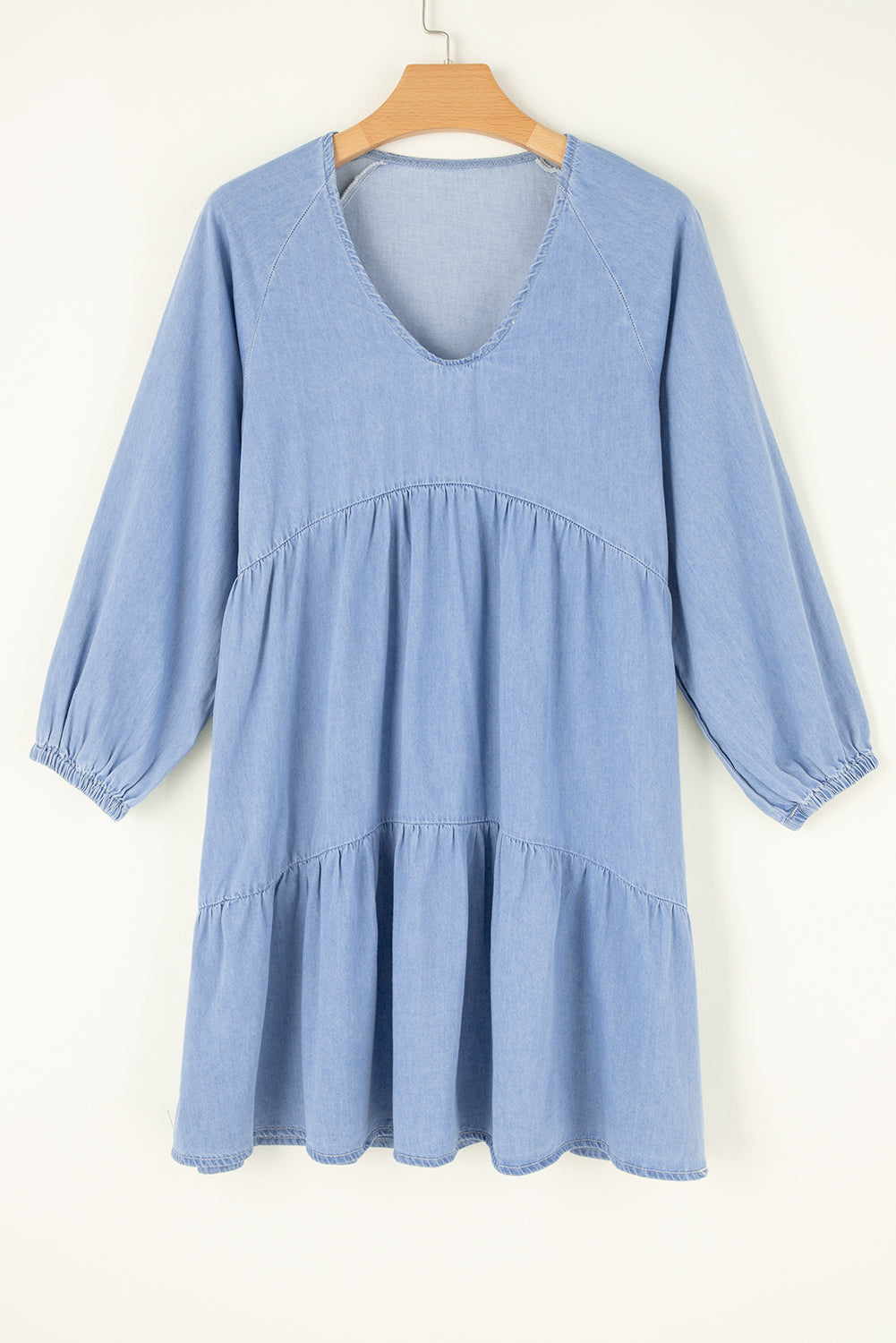 Blue Puff Sleeve Tiered Ruffled Chambray Mini Dress