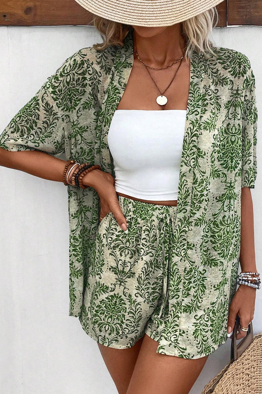 Green Vintage Floral Print Shorts Set