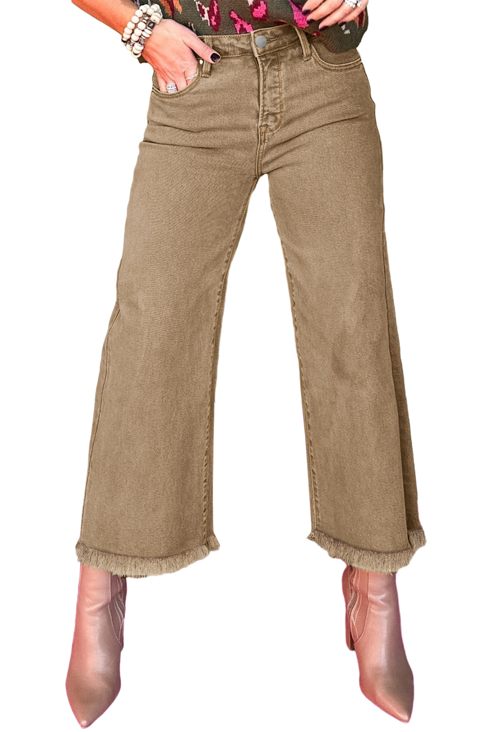 French Beige Acid Washed High Rise Cropped Jeans