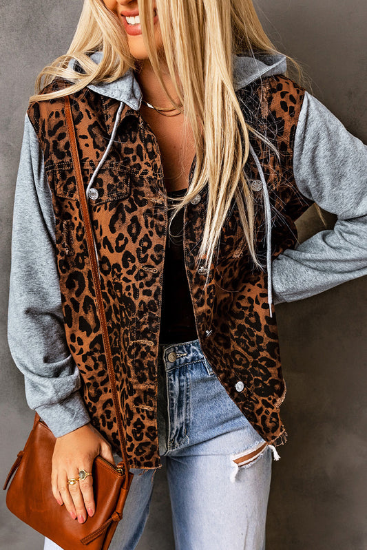 Leopard Print Hooded Denim Jacket