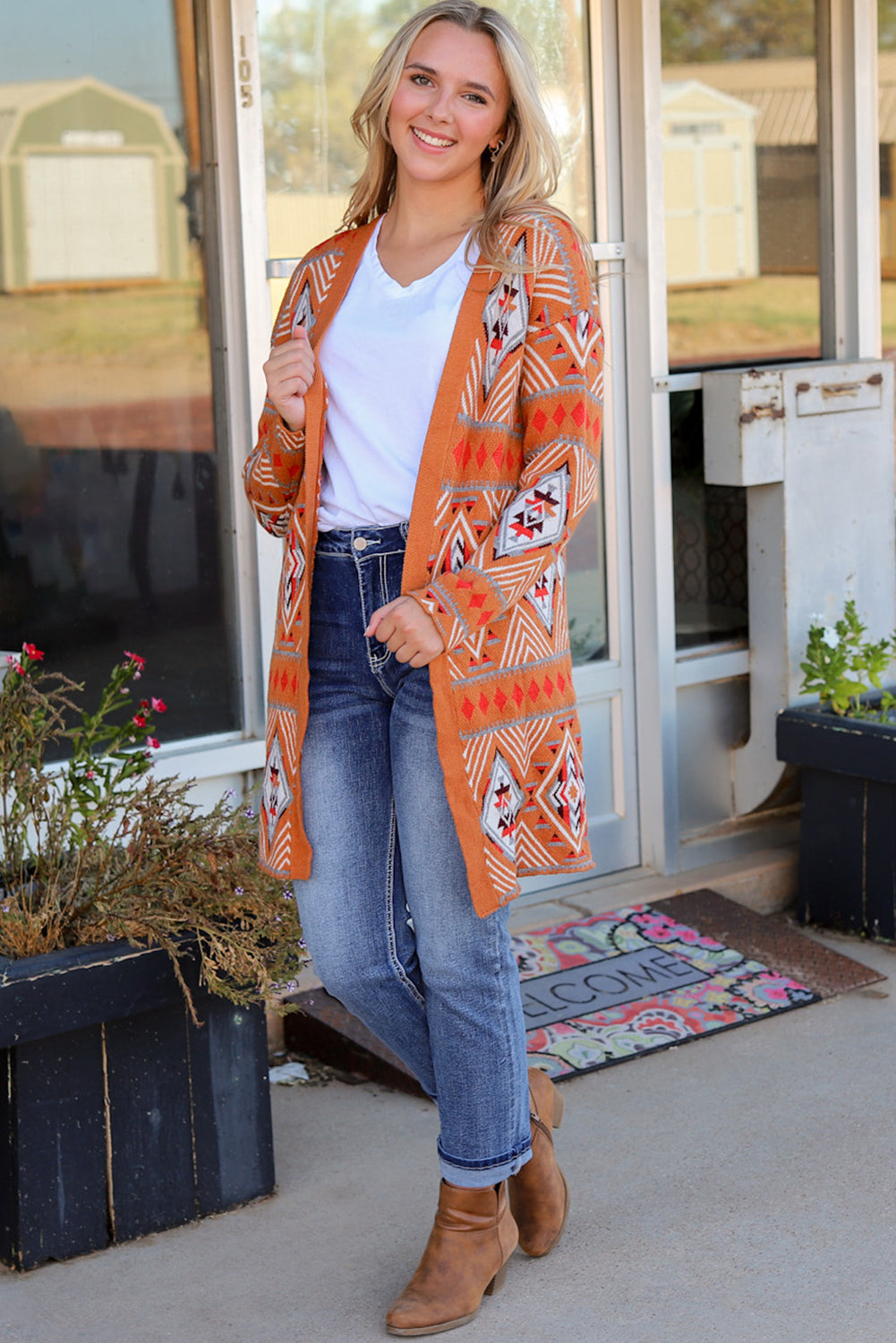 Brown Aztec Geometric Knit Cardigan