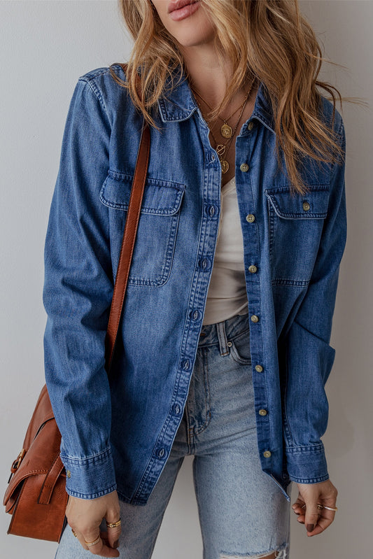 Blue Flap Pocket Button Up Denim Shacket