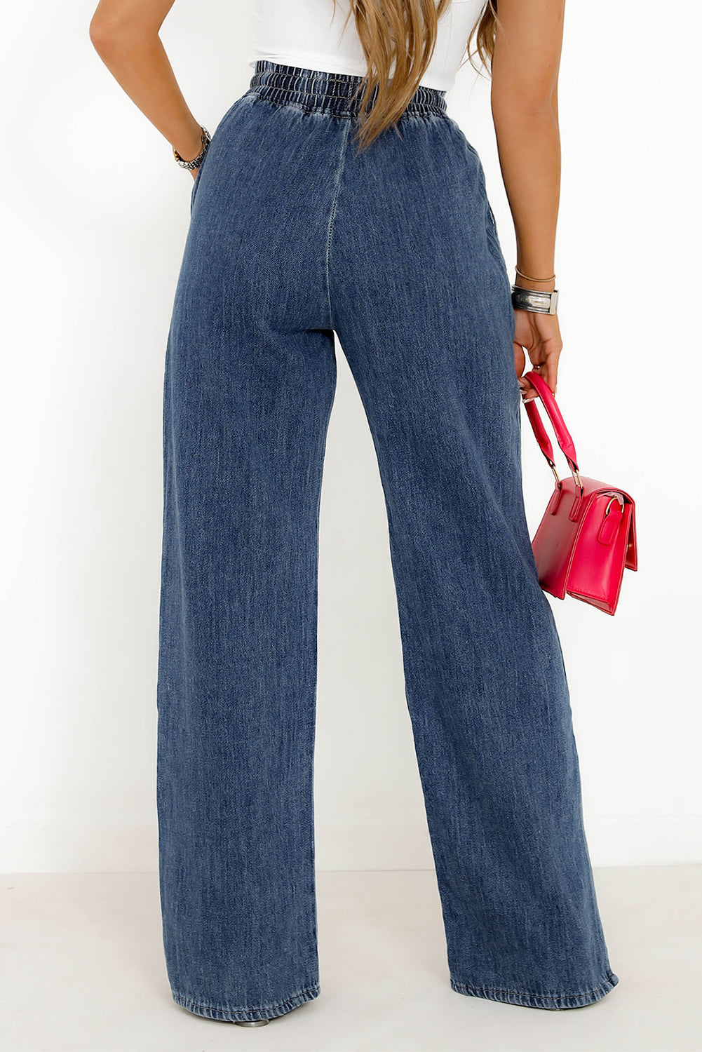 Washed Out Drawstring Waist Wide Leg Jeans