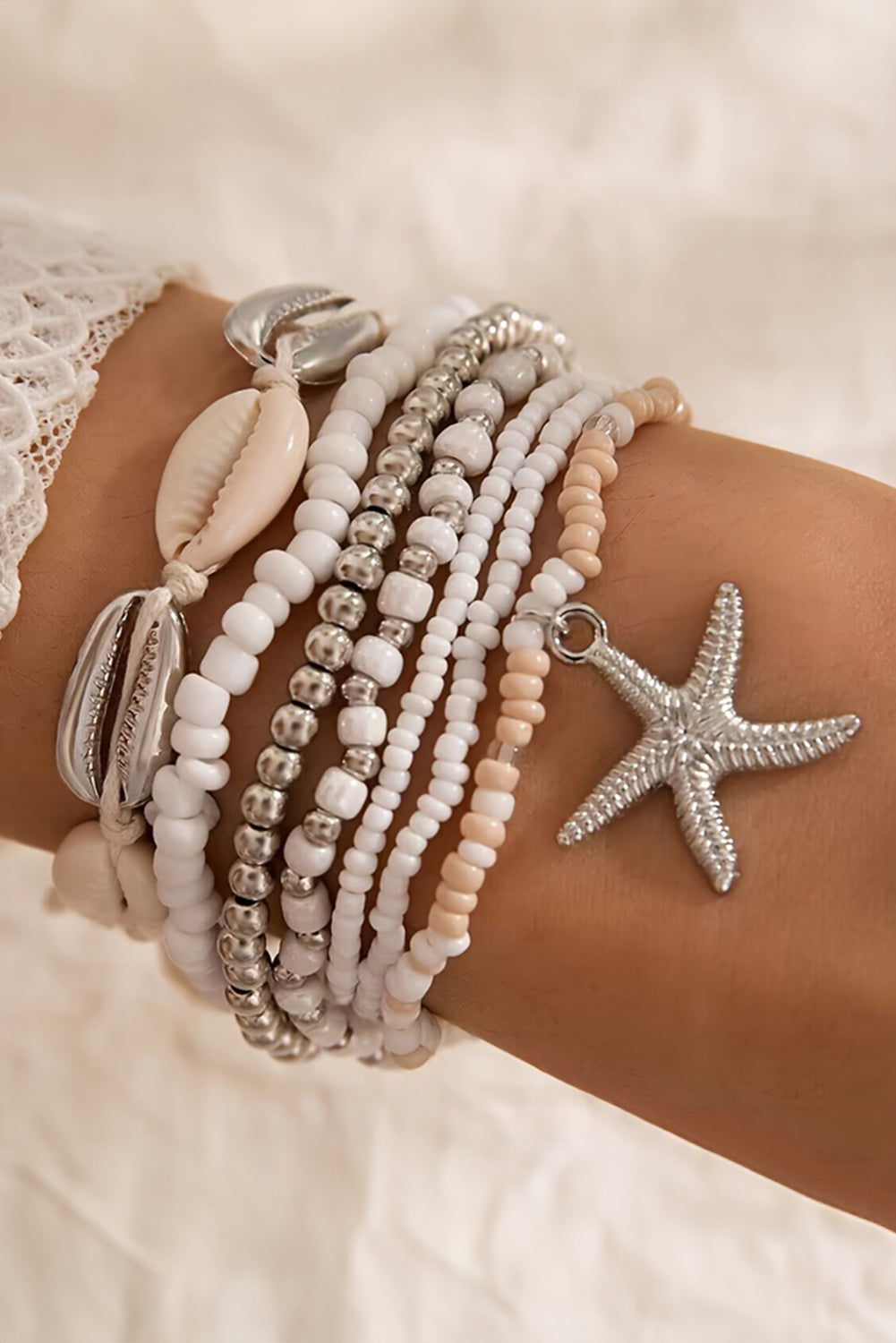 Colorful 7pcs Starfish Seashell Beaded Bracelet Set