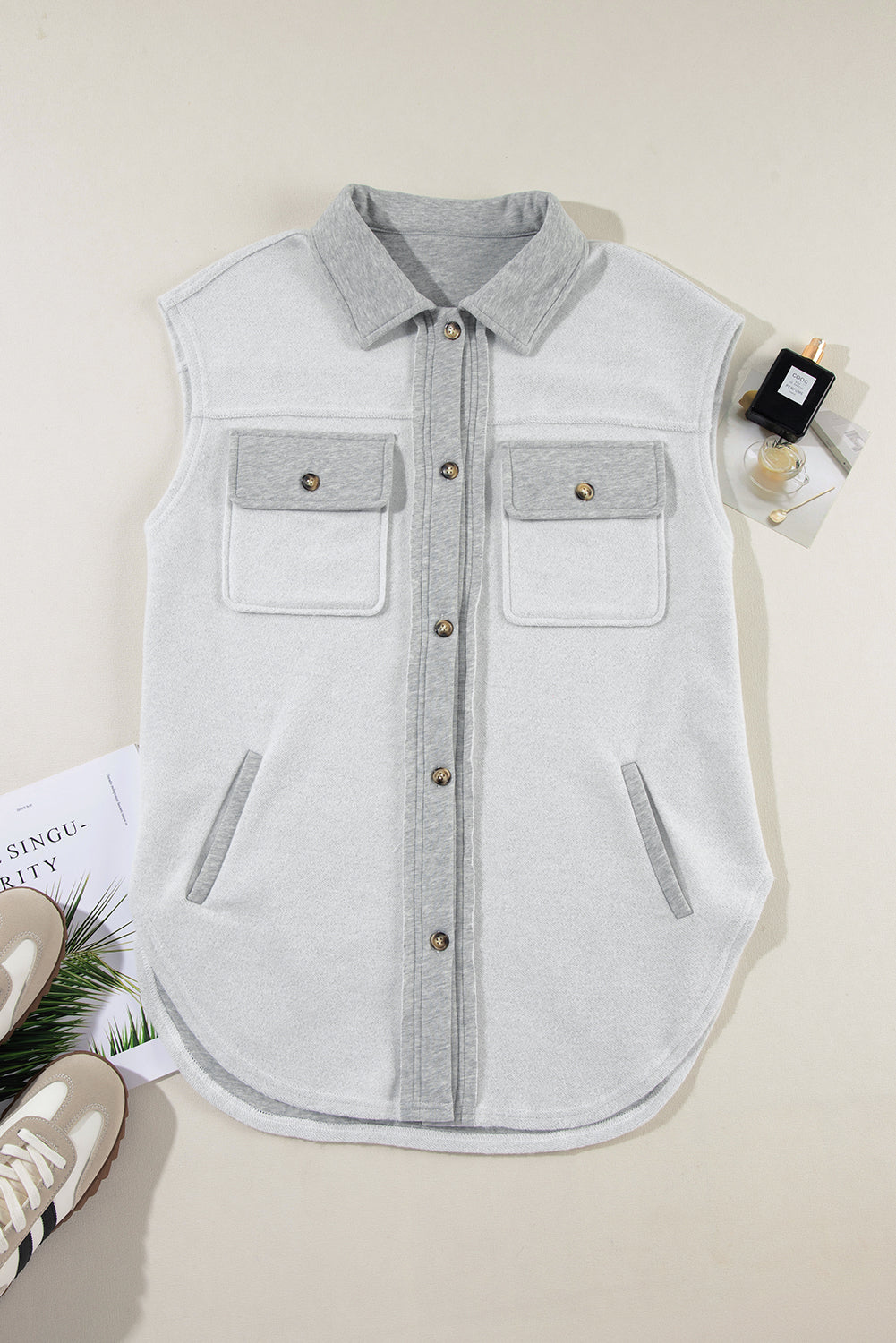 Light Grey Flap Pocket Jacket Vest(Available In Plus Sizes)