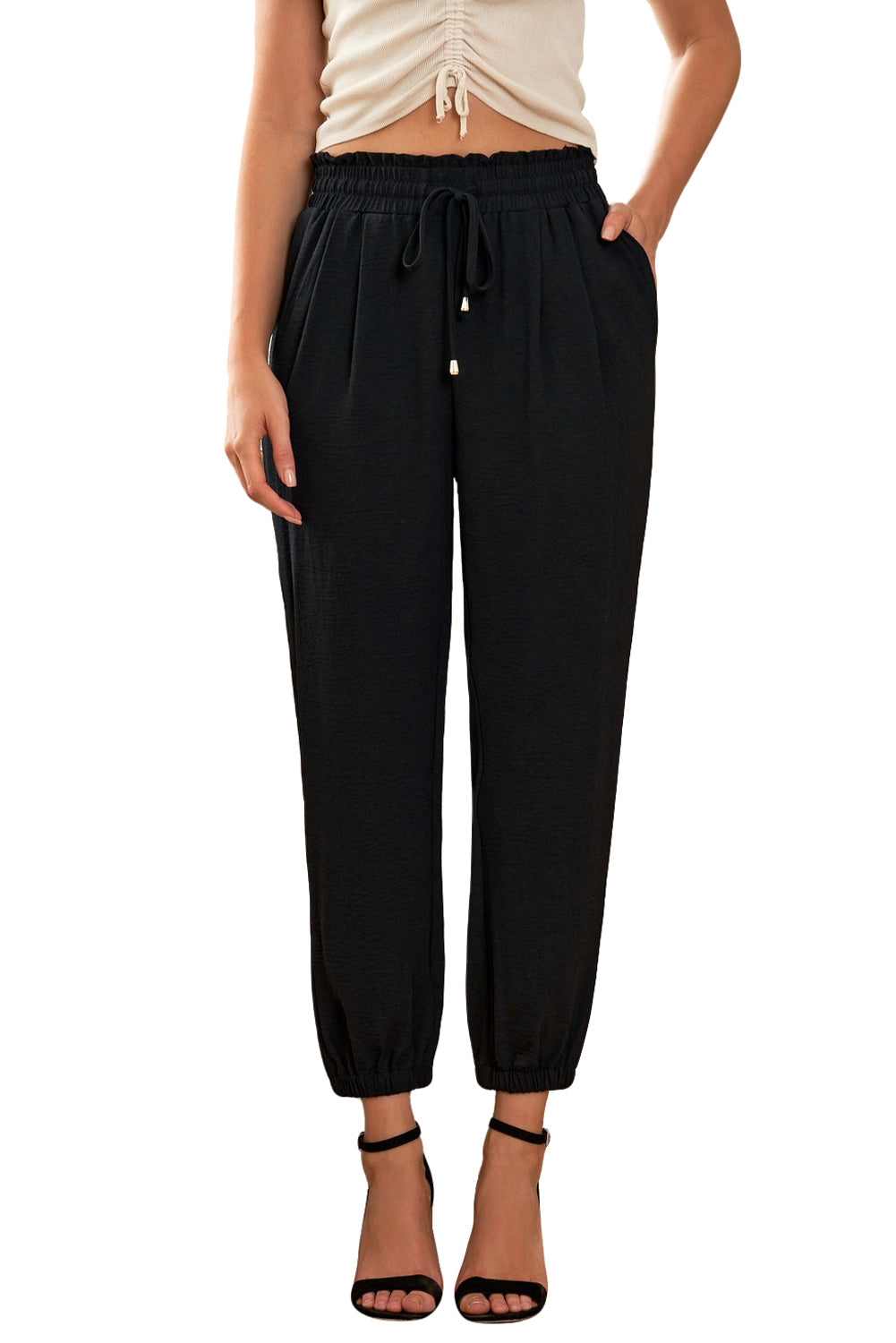 Black Solid  Smocked Waist Joggers