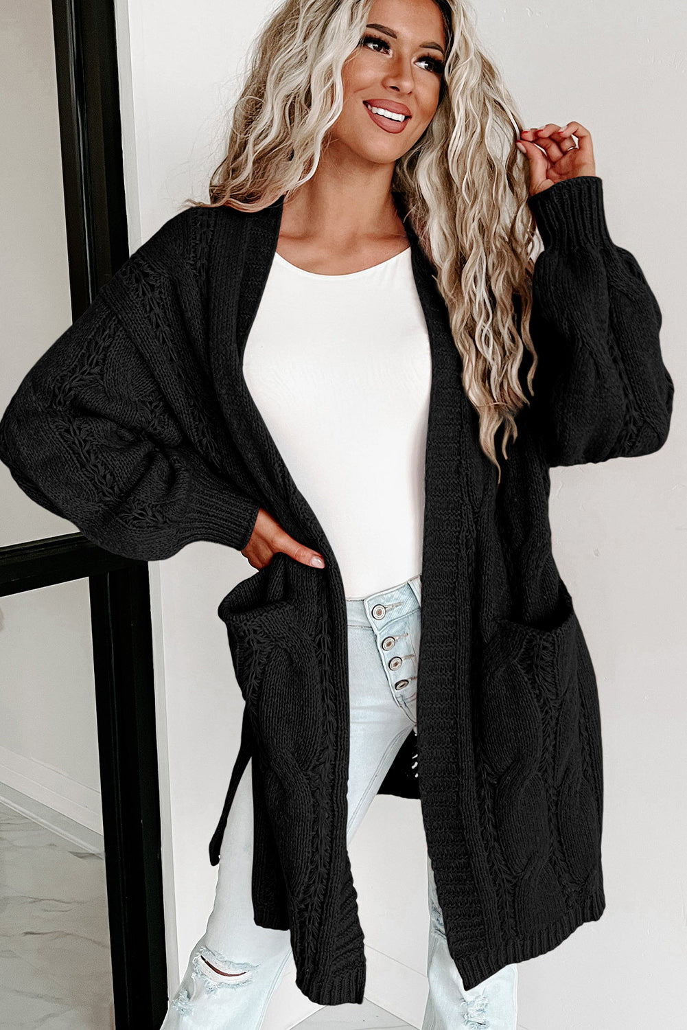 Ribbed Trim Cable Knit Cardigan