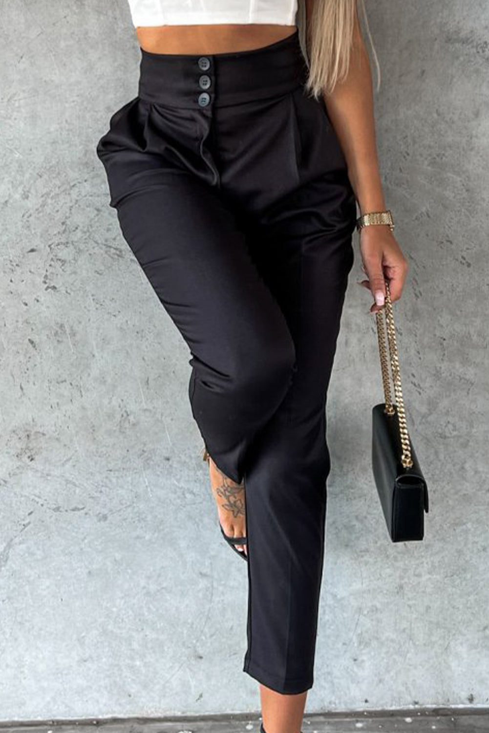 Black Button Up High Waist Tapered Pants