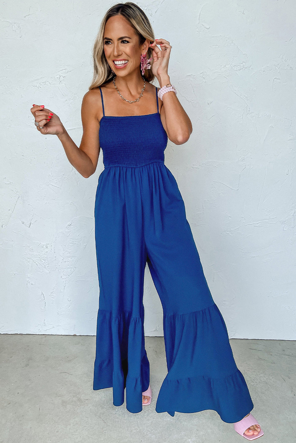 Navy Blue Spaghetti Strap Smocked Wide Leg Jumpsuit