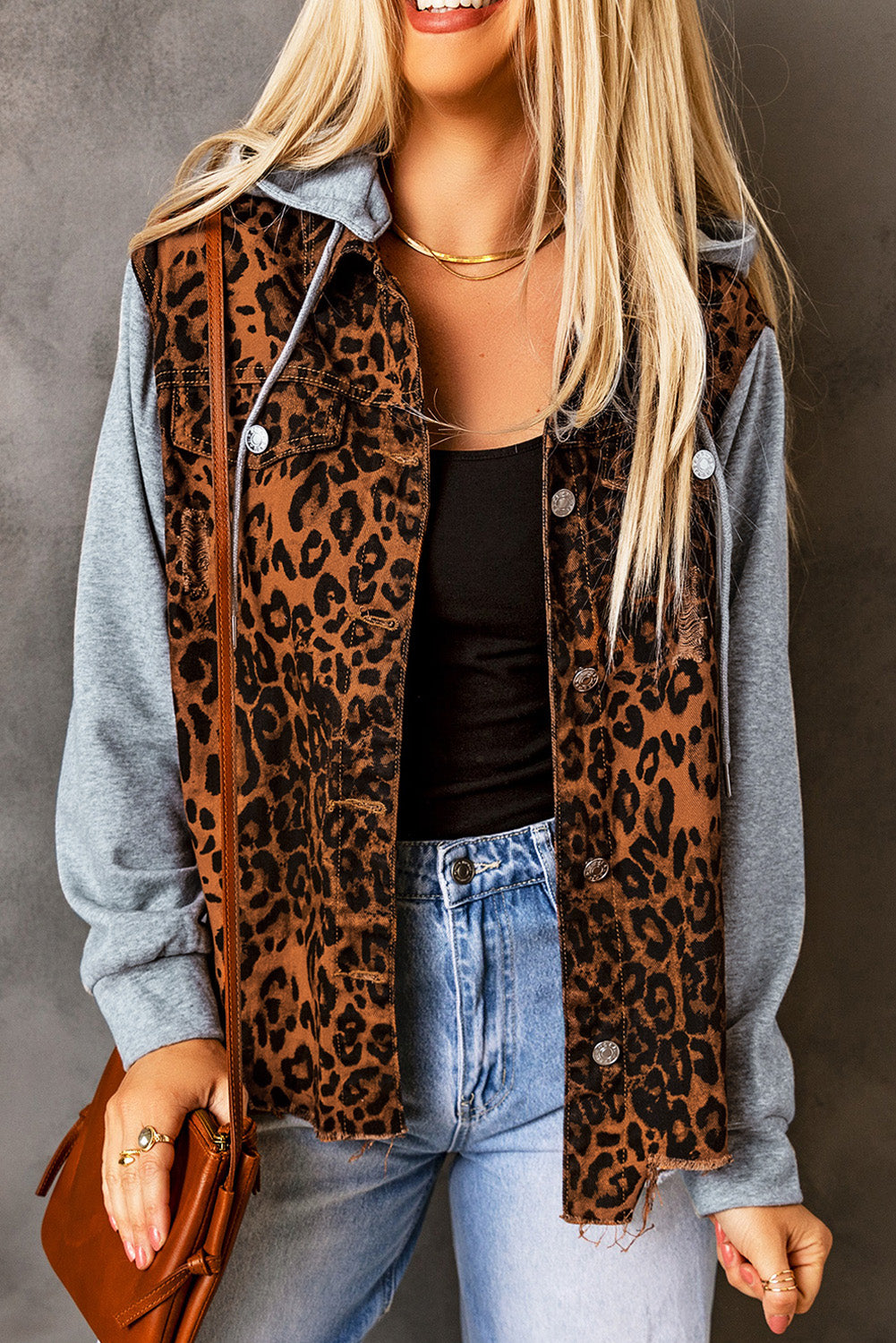 Leopard Print Hooded Denim Jacket