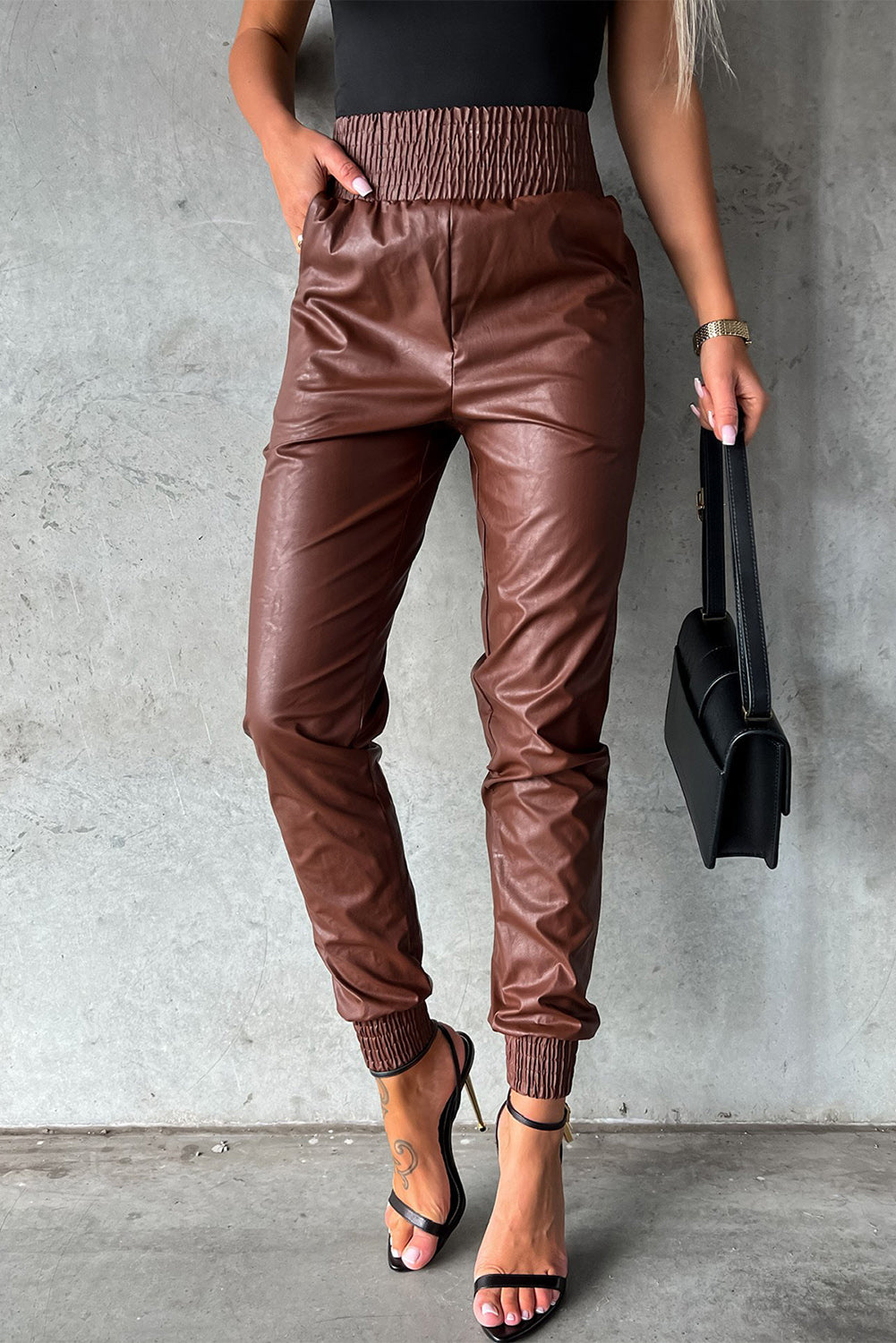 Brown Smocked High Waist Leather PU Skinny Pants