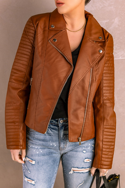 Brown Faux Leather Motorcycle Jacket (SM-2X)