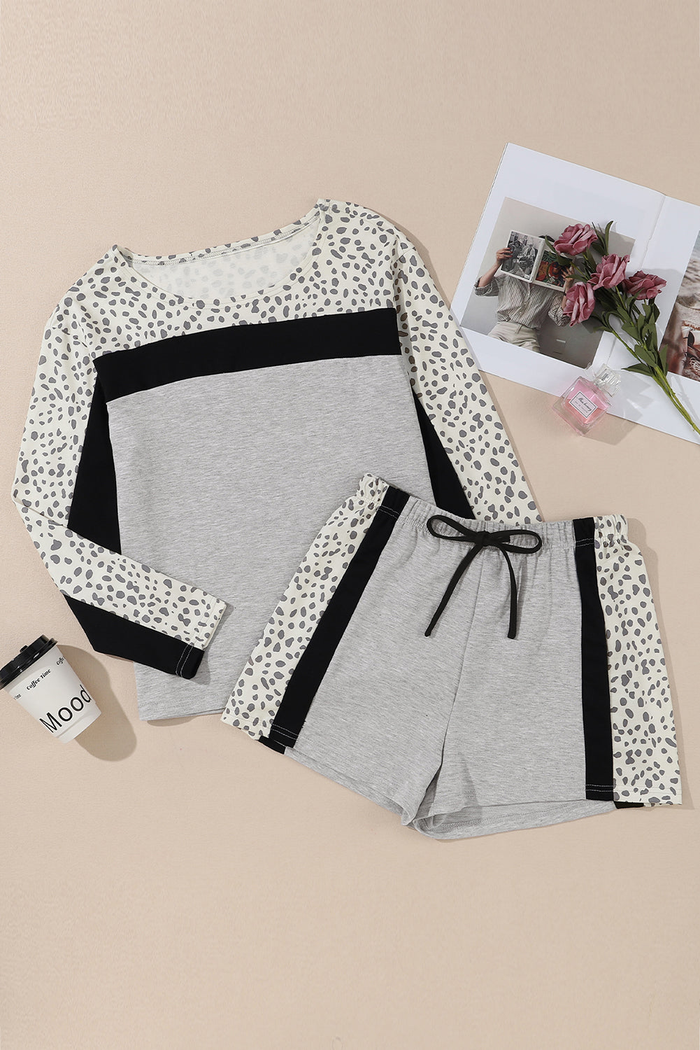 Gray Leopard Colorblock Patchwork Shorts Set