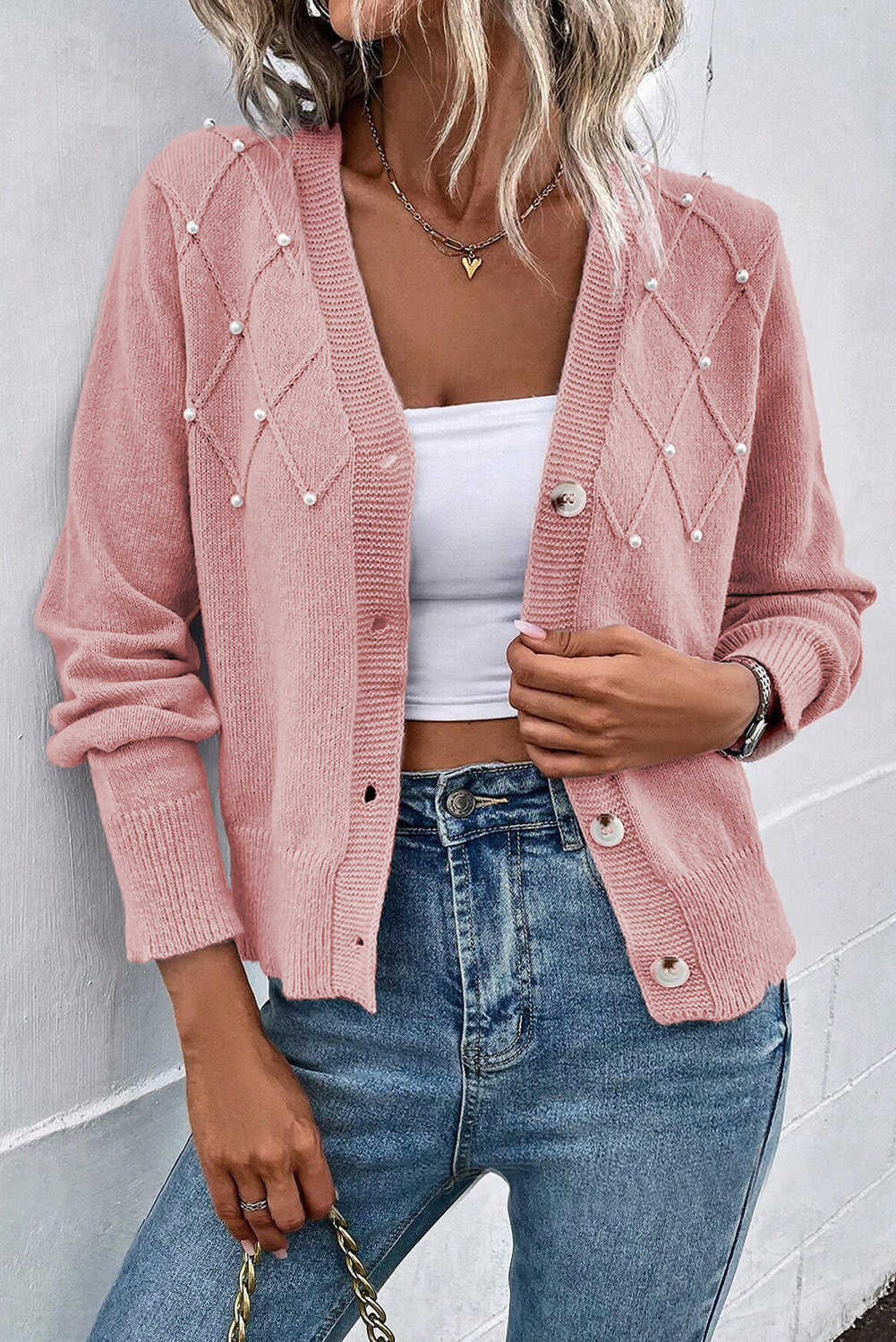 Knit Pearl Beaded Button Up Cardigan