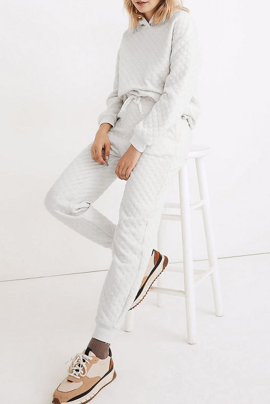 White Quilted Two Piece Hoodie Pant Set