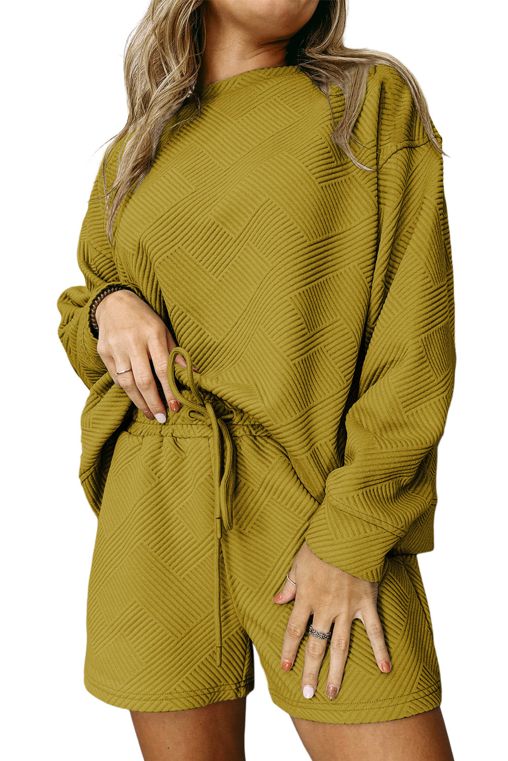 Green Textured Long Sleeve Top and Drawstring Shorts Set