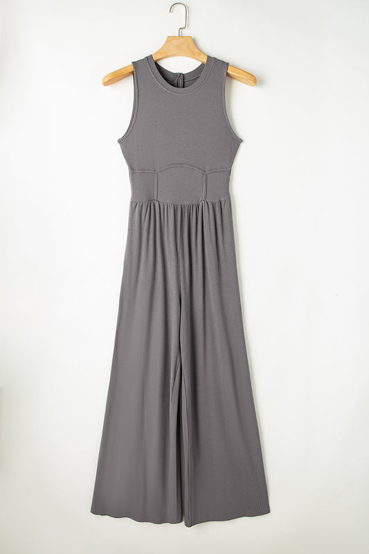 Grey Cinched Waist Sleeveless Wide Leg Jumpsuit