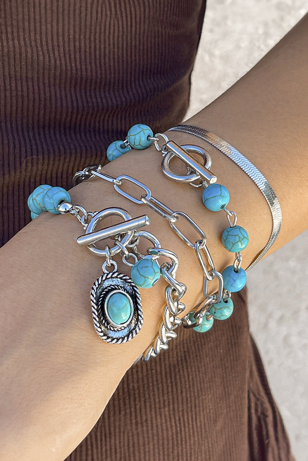 Light Blue Multi Layered Western Turquoise Beaded Bracelet Set