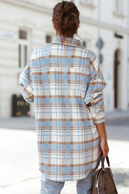 Sky Blue Plaid Long Sleeve jacket(Plus Size Available)