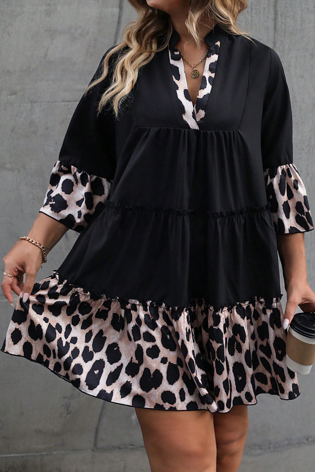 Black Leopard Patchwork Ruffle Curvy Dress