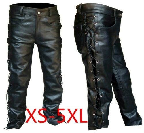 Men Solid Color PU Strap Casual Leather Pants