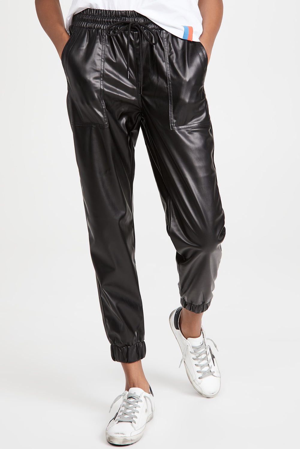 Black Faux Leather Look Drawstring Cropped Pants