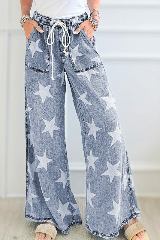 Light Blue Star Print Light Wash Drawstring Wide Leg Jeans