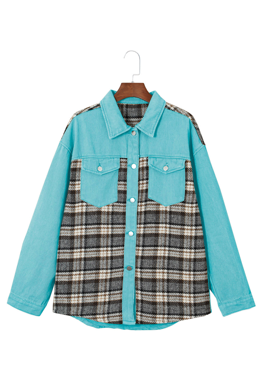 Loose Fit Sky Blue Plaid Patchwork Denim Jacket