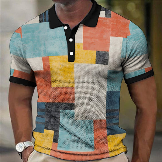 Men'S Polo Shirt 3d Splicing Plaid Colors (Up to 5x)